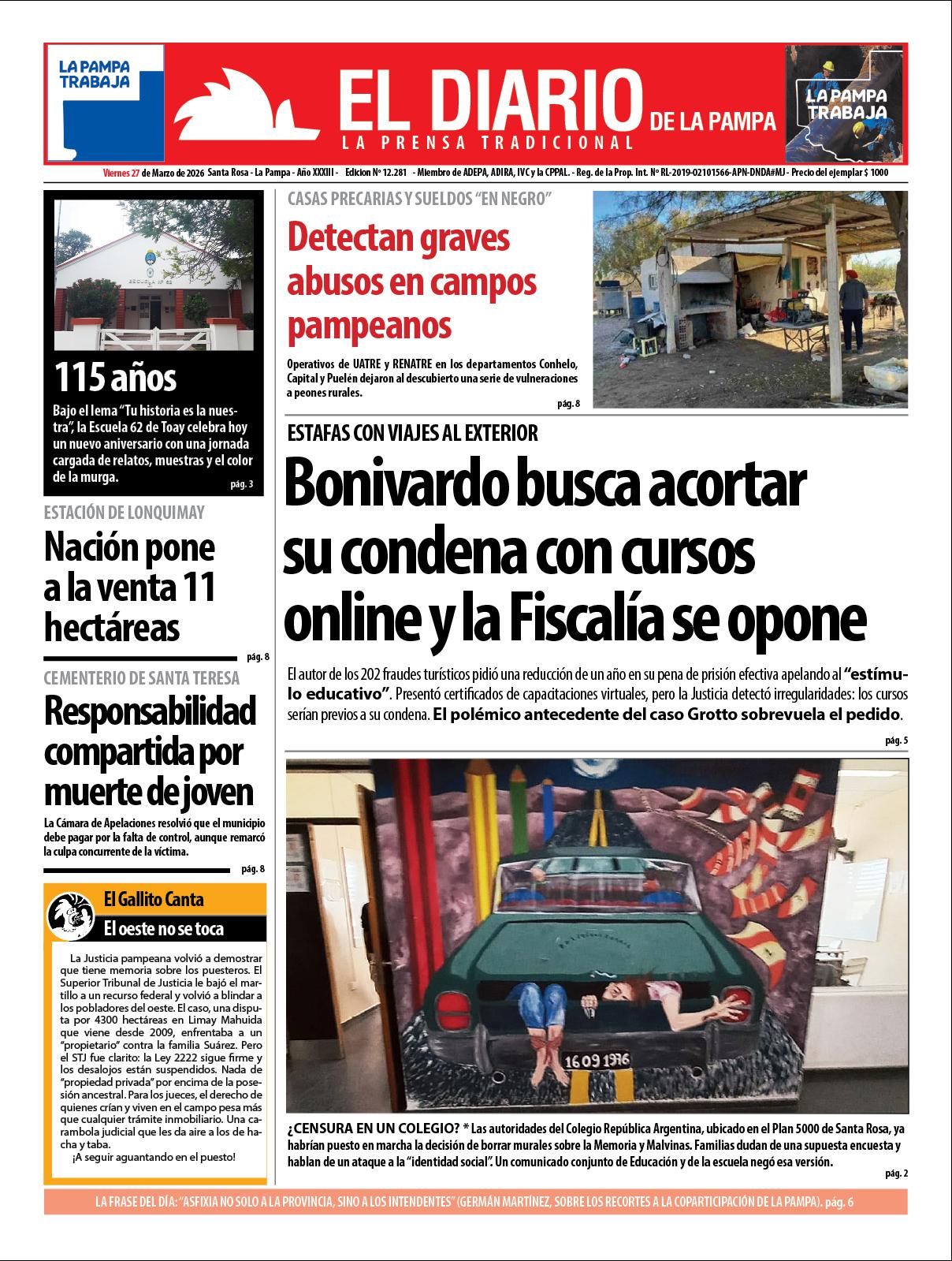 Tapa de El Diario en papel  viernes 27 de marzo de 2026